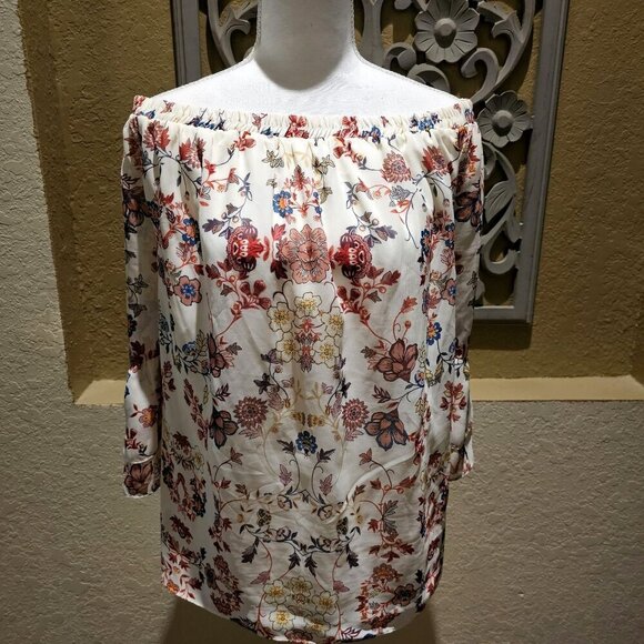 Alyx Tops - Alyx 1X Floral Peasant Chiffon Top Bohemian Off-Shoulder Flowy Garden Romantic